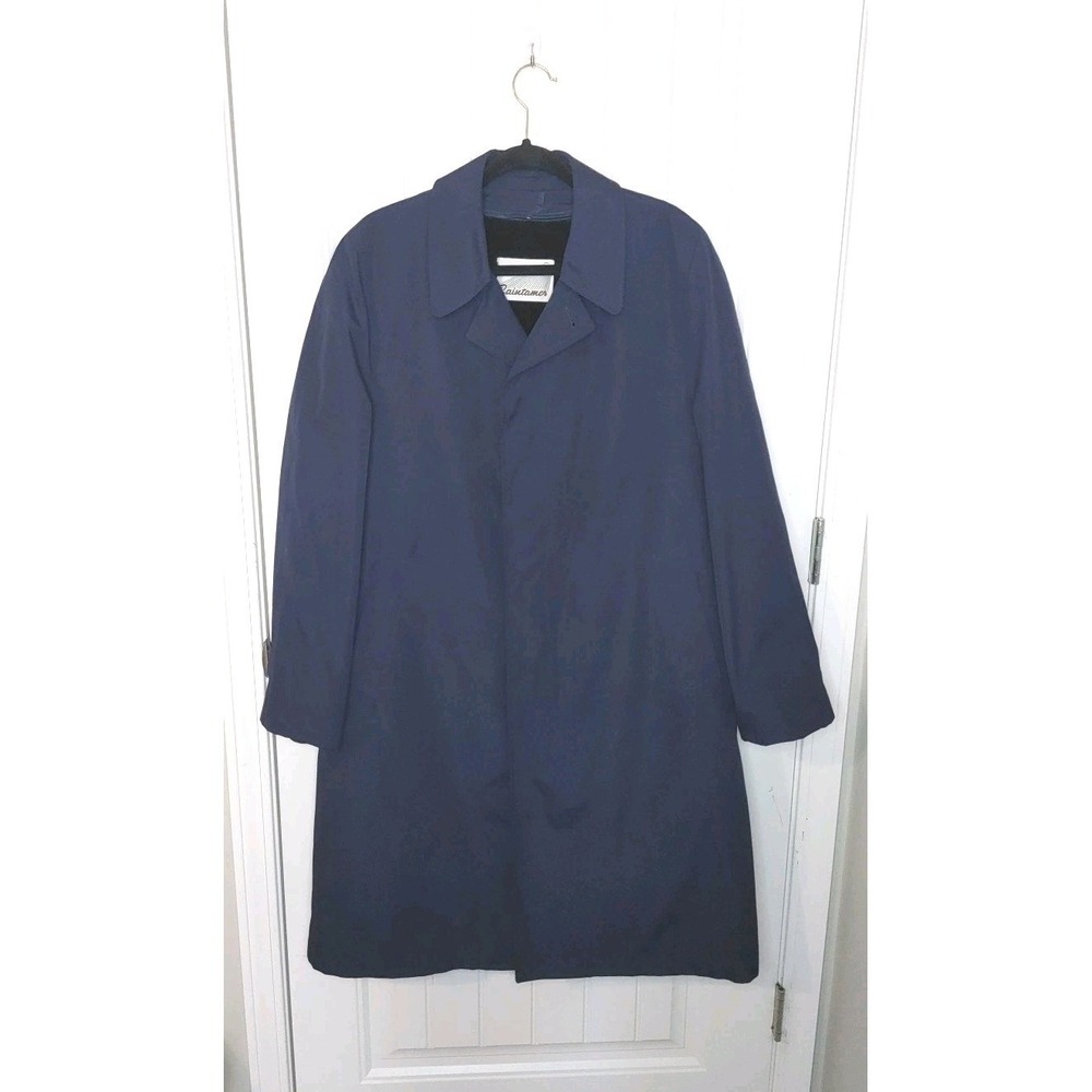 Vtg Men Sears Raintamer Trench Coat Blue Large Black Fur Lining Car Coat Reg 40